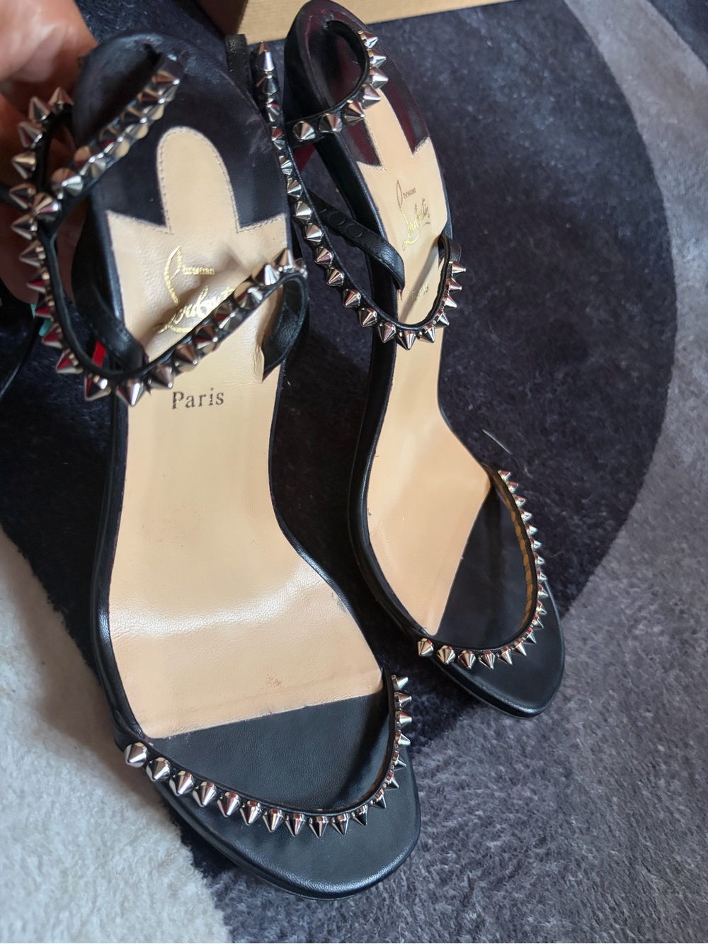Christian Louboutin Black Spike Stud Ankle Wrap Sandals Red Sole EU 40